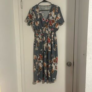 Long dusty blue floral dress.